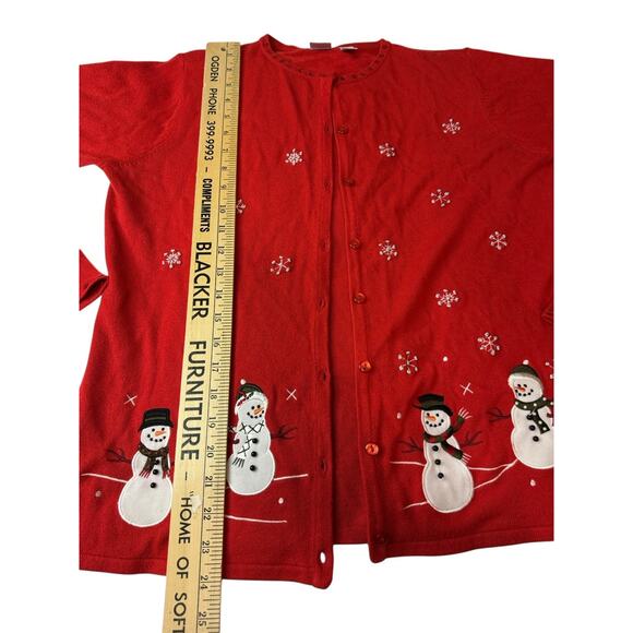 Medium Wish For Joy Holiday Sweater Red Snowman Christmas Winter Cardigan - Picture 3 of 9
